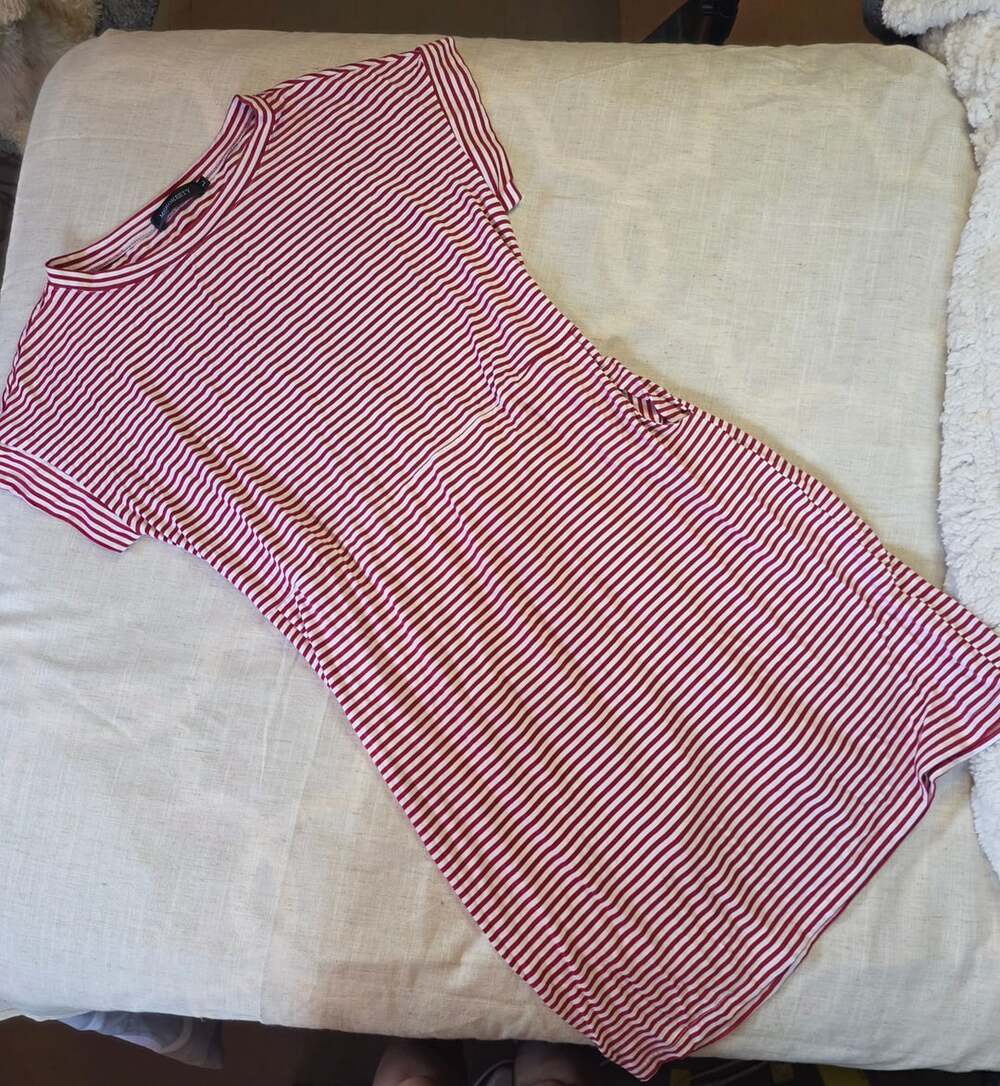 MEROKEETY Women's Red Striped Short Sleeve Pocket T-Shirt Dress Size L